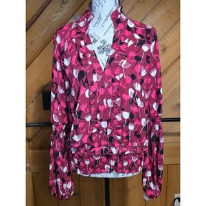 Magenta Floral Ruffle V-Neck Blouse Smocked Waist Long Sleeve Top Women